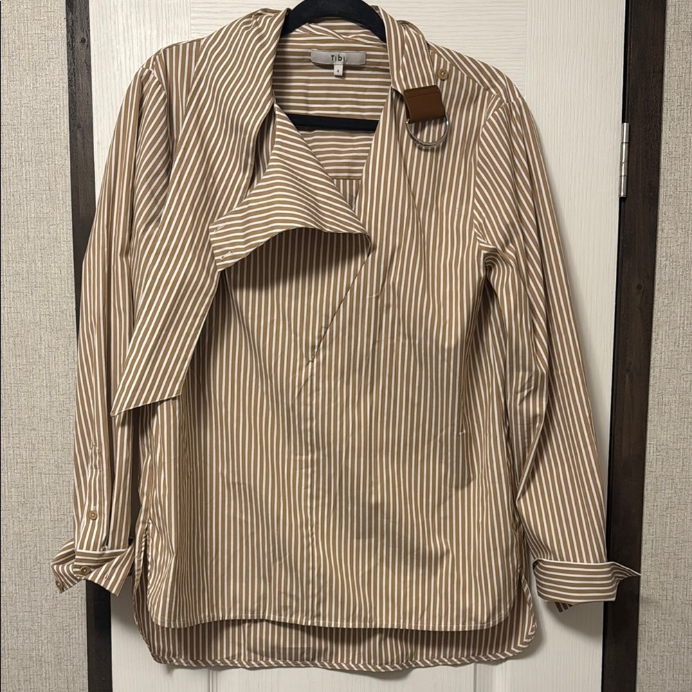 Tibi Asymmetric Tie Collar Top in Khaki & White Multi